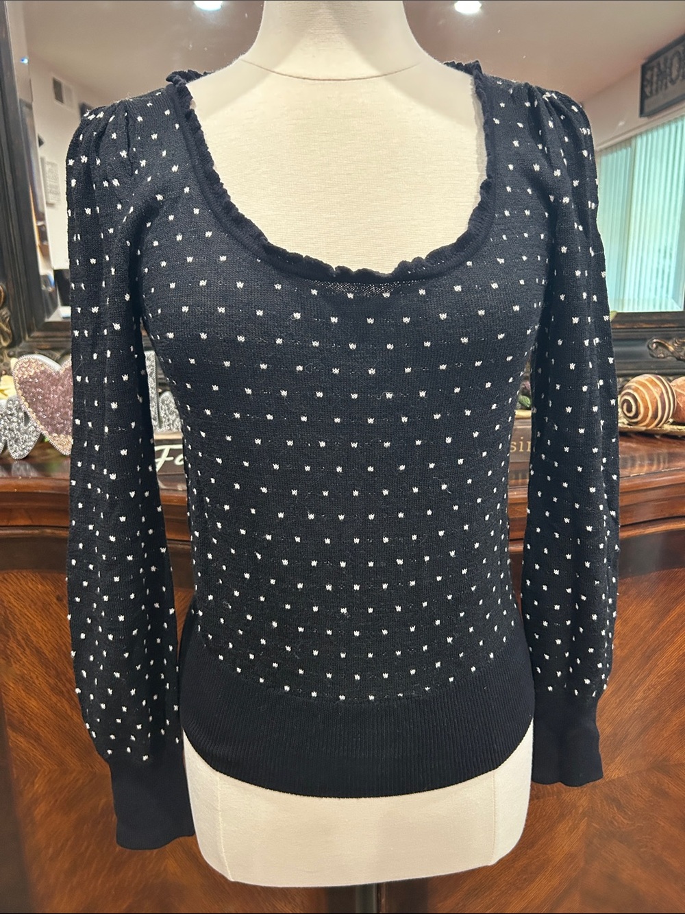 Free People Black Scoop Neck Polka Dot Sweater